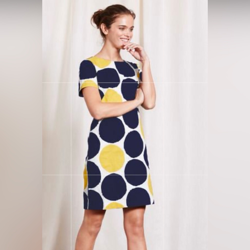 Boden Navy and Yellow Polka Dot Midi Dress